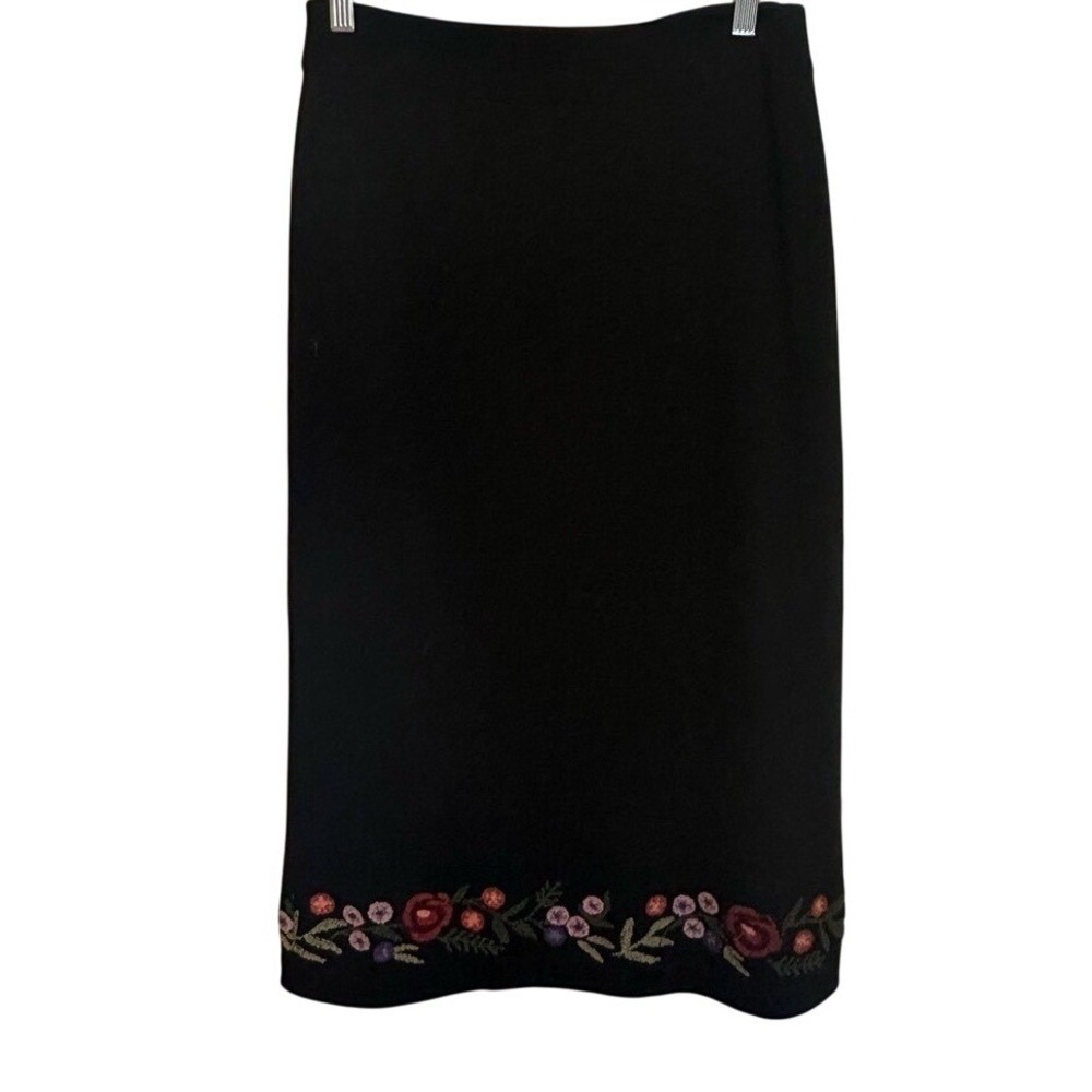 Garnet Hill Black 100% Wool Floral Embroidered Pencil Skirt 6 Boho Natural Fiber